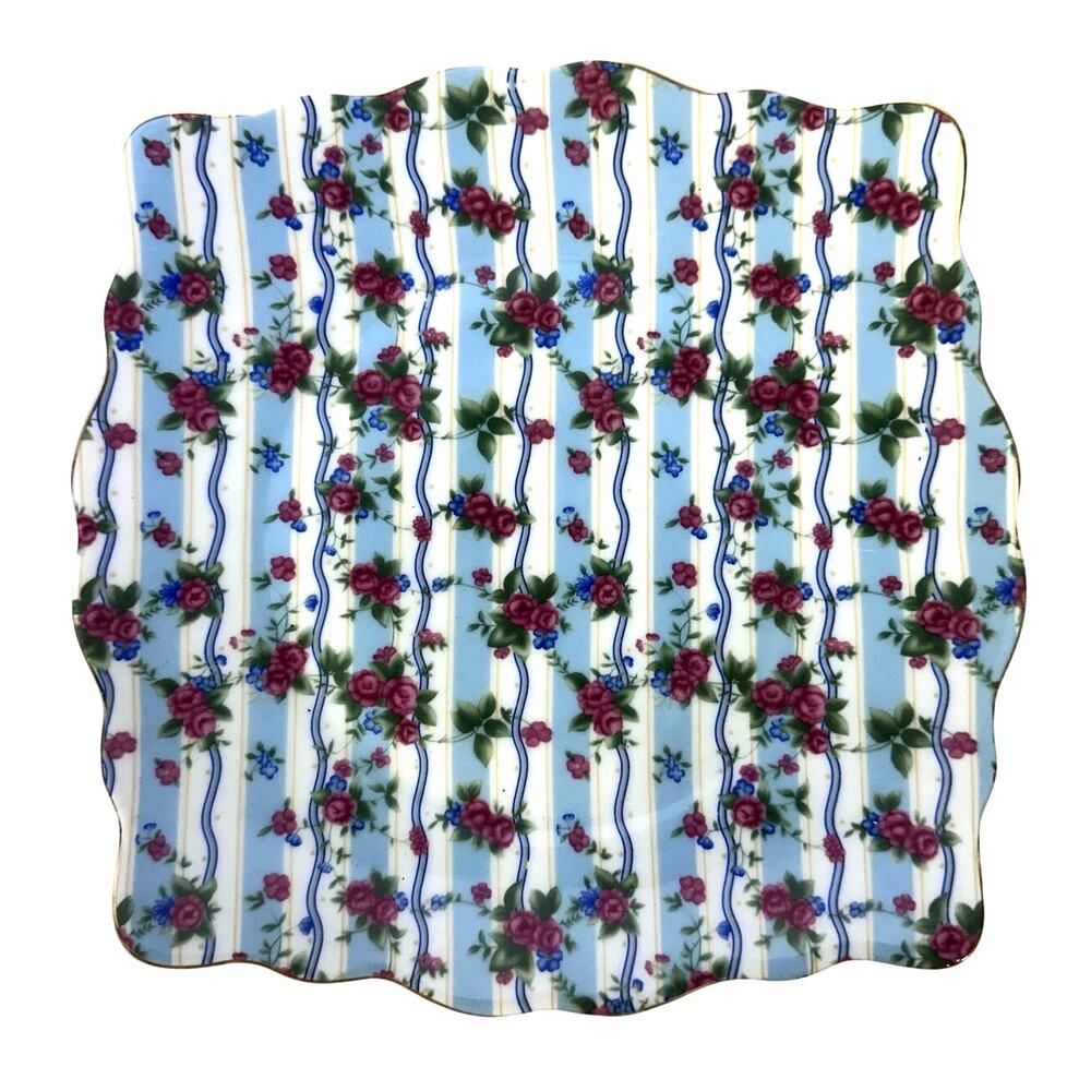 Jay & Sons Decorative Blue and Pink Chintz Square Dessert Plates-in Box-Set of 4